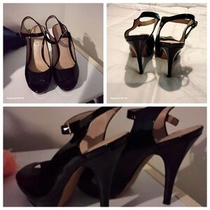 BCBG Paris Black Patent Peep Toe Ankle Stap High Platform Heels